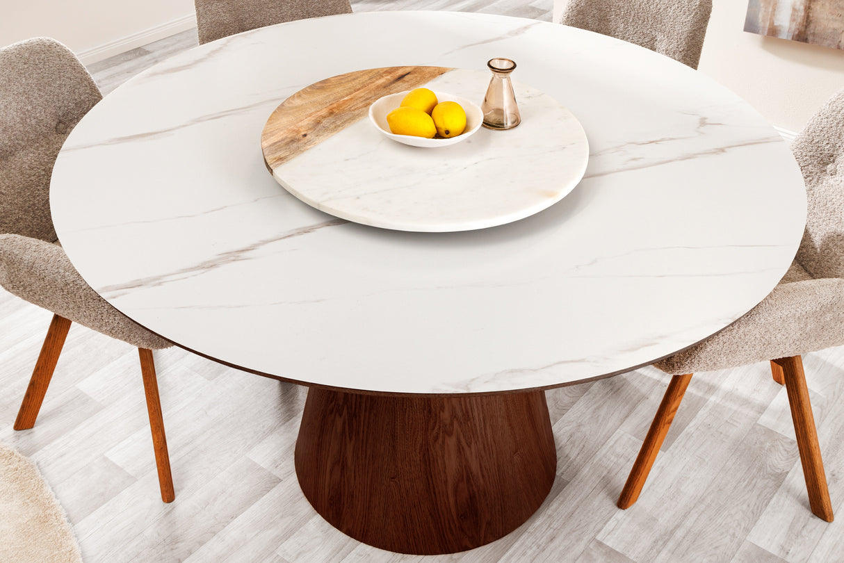Dining table UNIQUE 120cm round walnut wood verneered ceramic white marble top