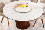Dining table UNIQUE 120cm round walnut wood verneered ceramic white marble top