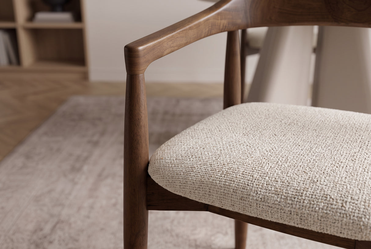 Chair KENNEDY upholstered seat w/ armrests recyled pine wood brown smoke and textured fabric creamy