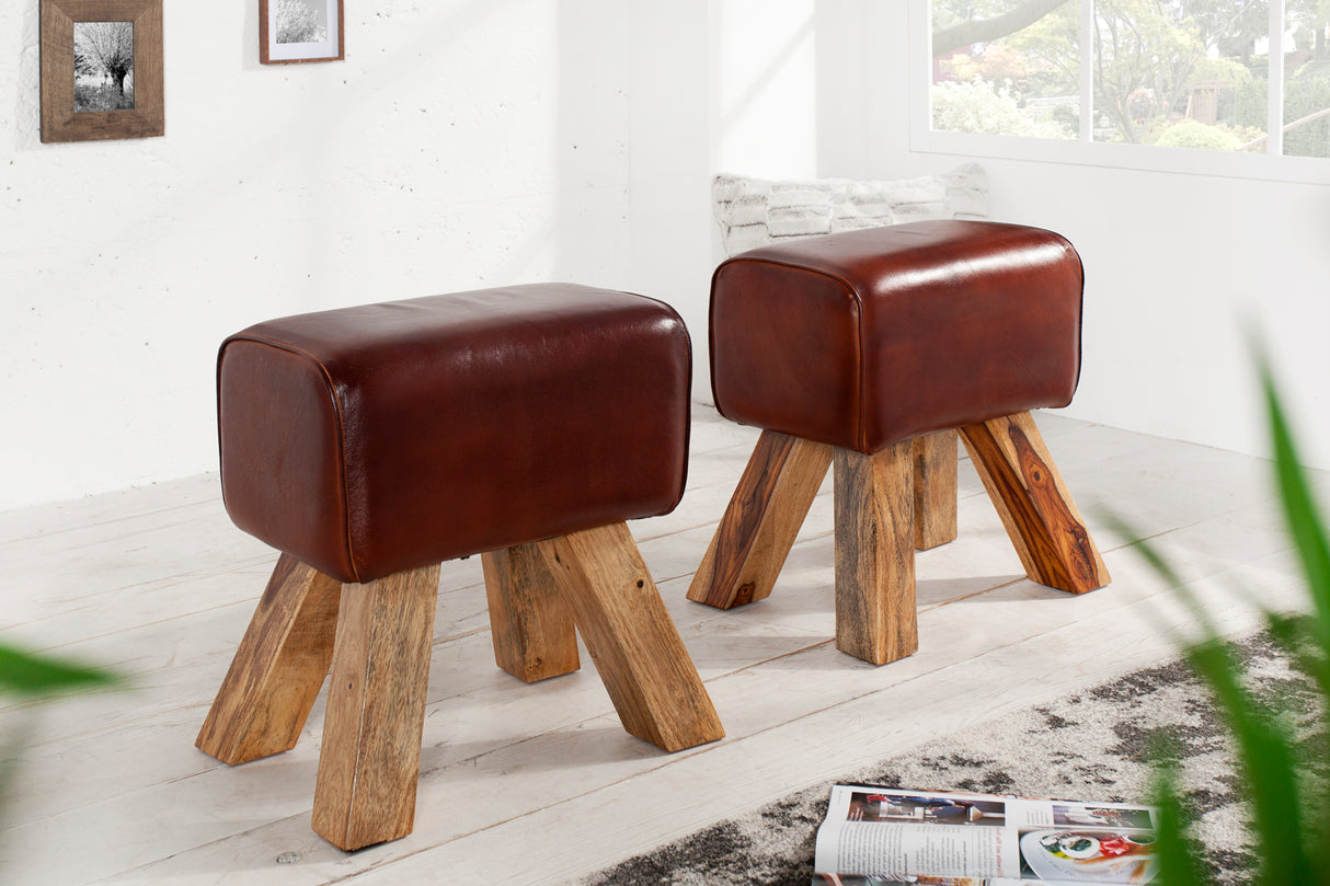 Stool BOCK 40cm genuine leather and mango wood brown