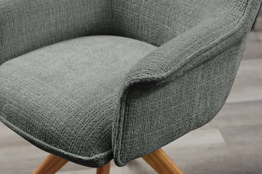 Swivel chair LE GRAND rotatable 180° grey chenille fabric w/ armrests and oak wood legs