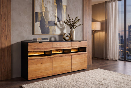 Sideboard GRAND AKAZIE 180cm Akazienholz Naturkante mit fernbedienbarer LED-Beleuchtung