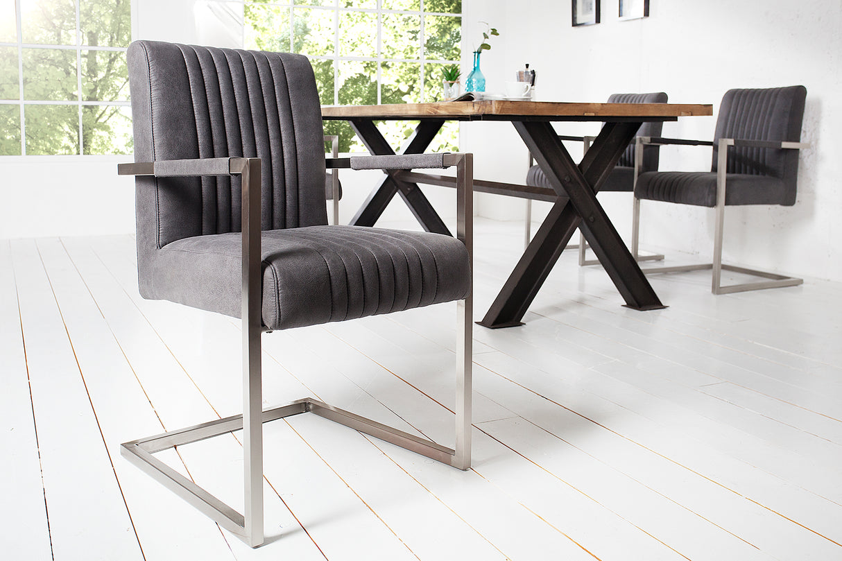 Cantilever chair BIG ASTON with armrests and brushed stainless steel legs microfibre vintage grey