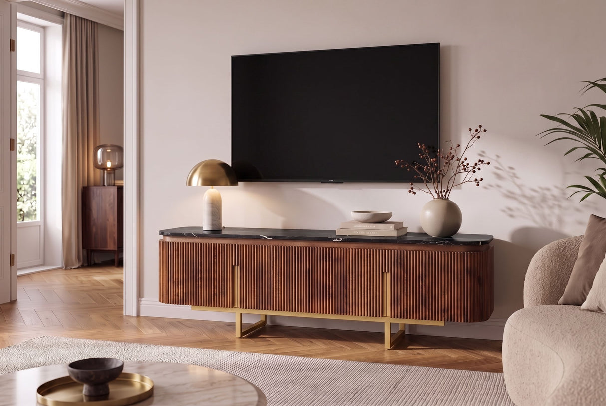 TV-Board GATSBY 160cm Retro-Stil Mangoholz Marmorplatte Schwarzbraun Gold
