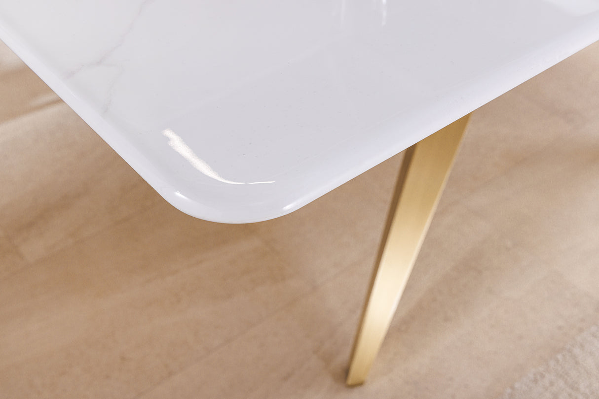 Esstisch ART LIVING 200cm Keramikplatte aus weißem Marmor mit champagnergoldenem Rahmen