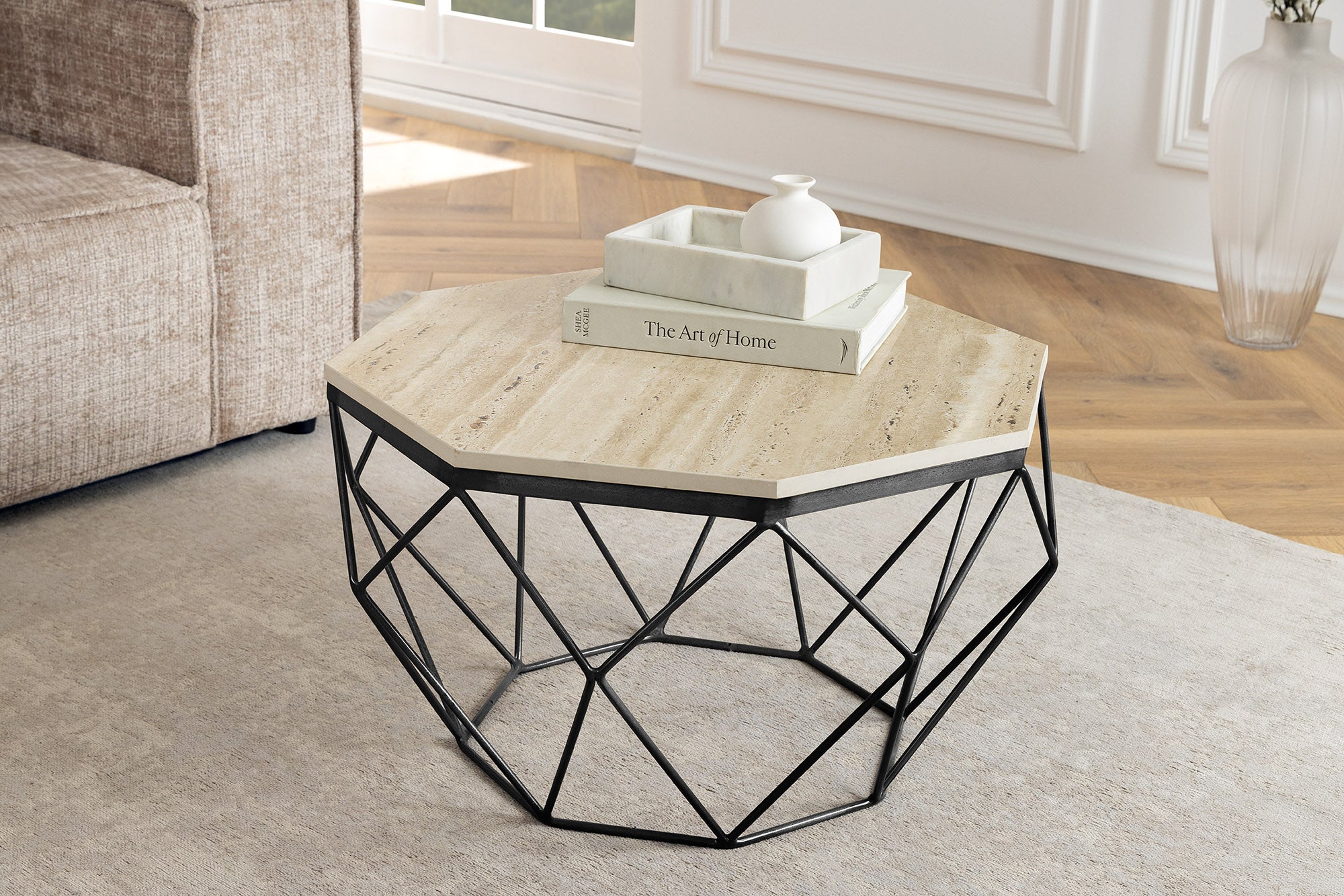 Coffee table DIAMOND 70cm rack iron black top travertine – Invicta Interior