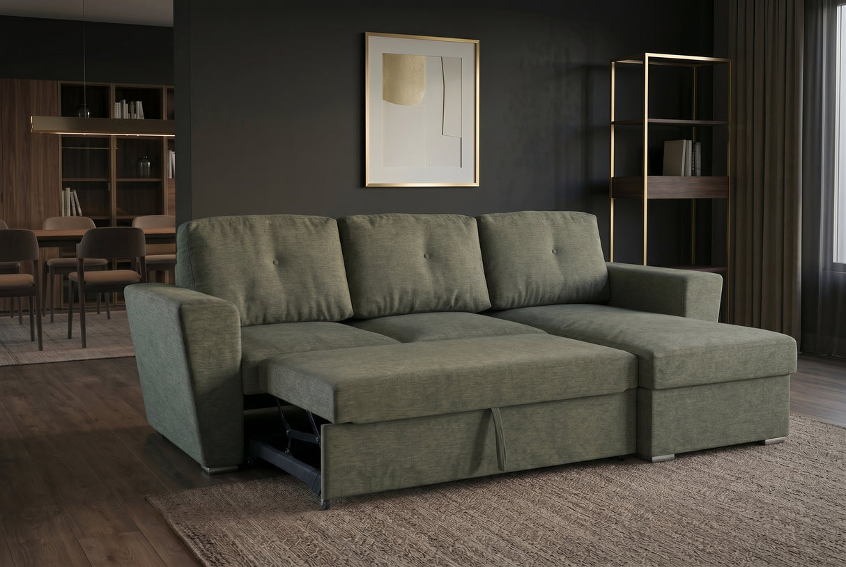 Sofa bed APARTMENT 245cm 3-seater w/ ottoman and storage space textured fabric green