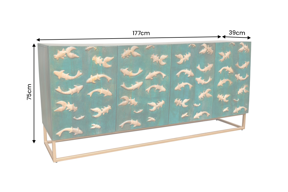 Sideboard GOLDEN LAGOON 180cm 3D Mangoholz Türkis Metall Gold