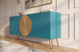 Sideboard AURUM 180cm textured front gold circle accent mango wood turquoise gold metal feet