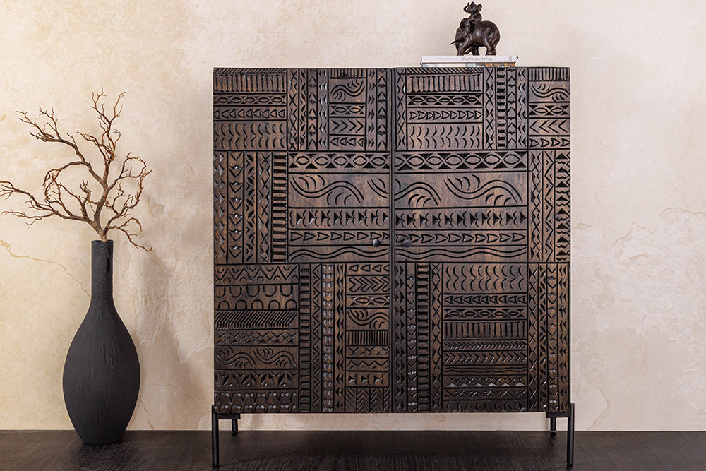 Highboard TRIBAL 120cm 3D Antik-Look Mangoholz dunkelbraun