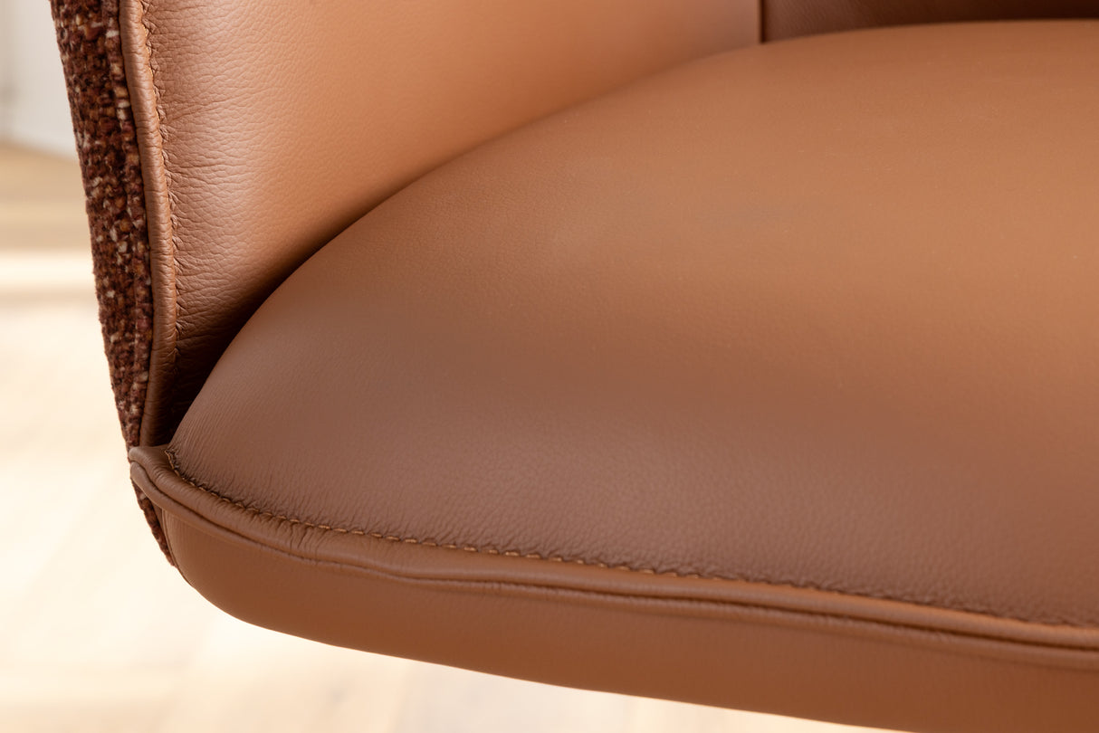 Swivel chair LE GRAND rotatable 180° w/ armrests textured cloth and leather cognac brown