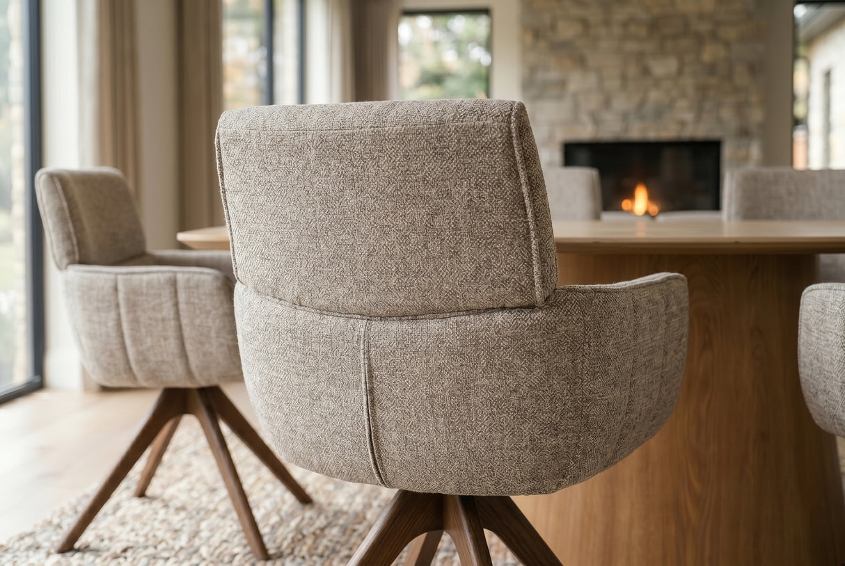Swivel chair UNIQUE 180° auto-return w/ armrests textured fabric taupe beige brown
