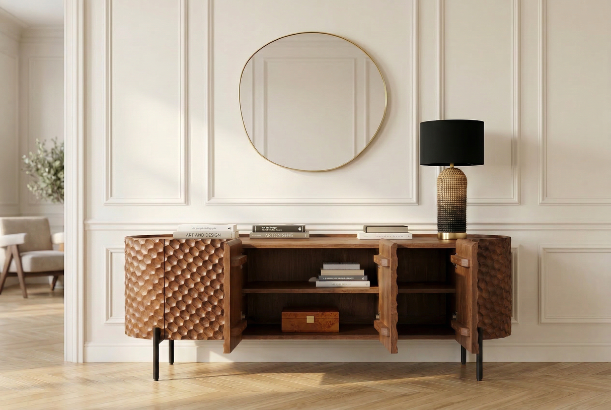 TV-Board ADLON 160cm 3D Mango Massivholz mit schwarzem Gestell