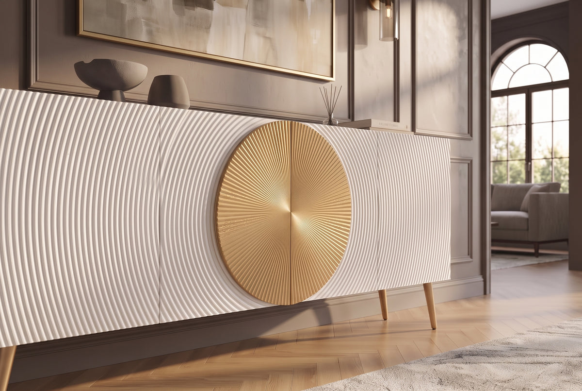 Sideboard AURUM 180cm textured front gold circle accent mango wood white gold metal feet