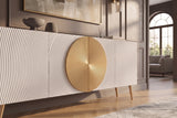 Sideboard AURUM 180cm textured front gold circle accent mango wood white gold metal feet