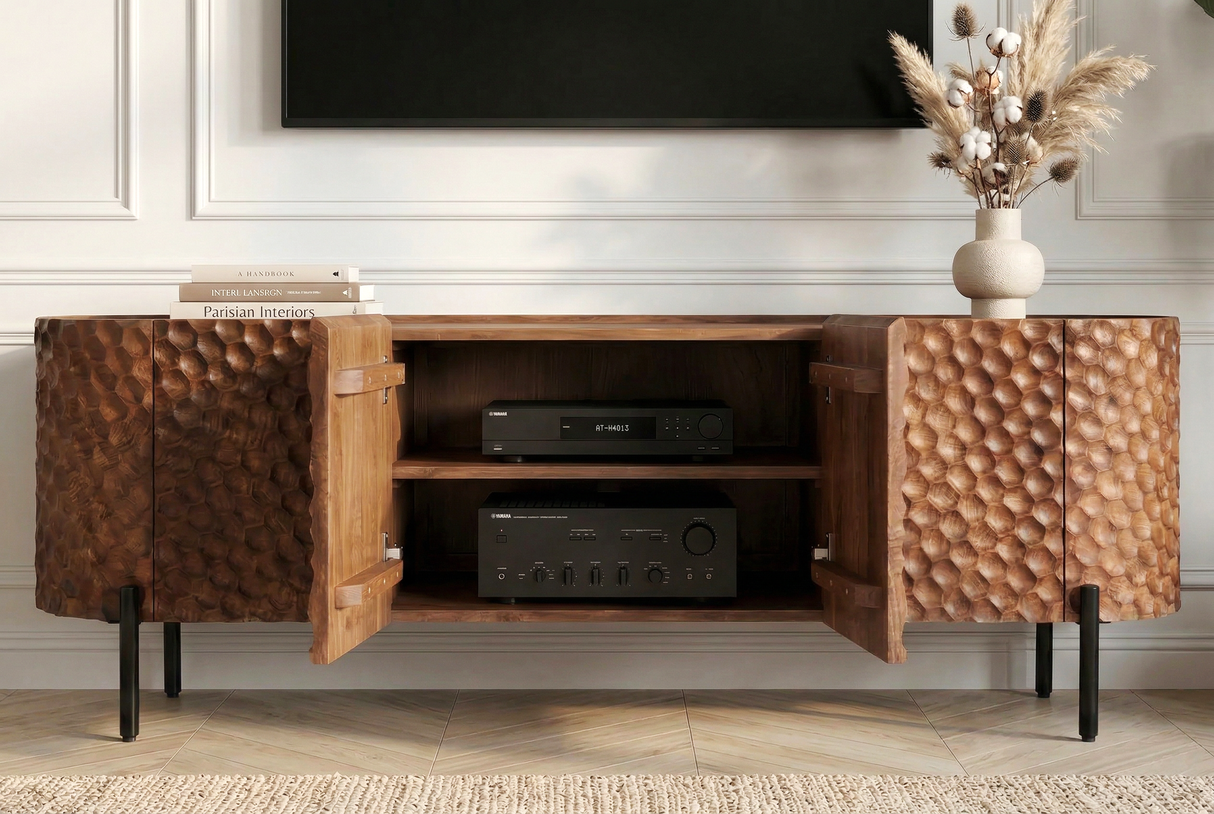 TV-Board ADLON 160cm 3D Mango Massivholz mit schwarzem Gestell