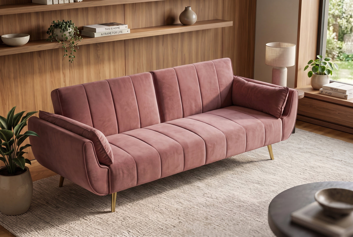 Schlafsofa DIVANI 220cm mit Armlehnenkissen Samt altrosa Metallfüße gold