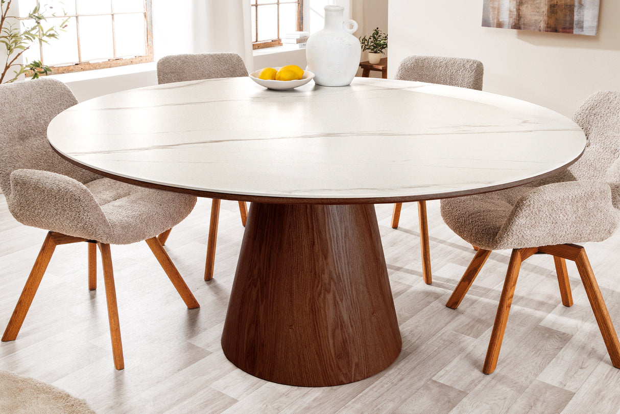 Dining table UNIQUE 120cm round walnut wood verneered ceramic white marble top