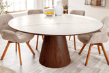 Dining table UNIQUE 120cm round walnut wood verneered ceramic white marble top