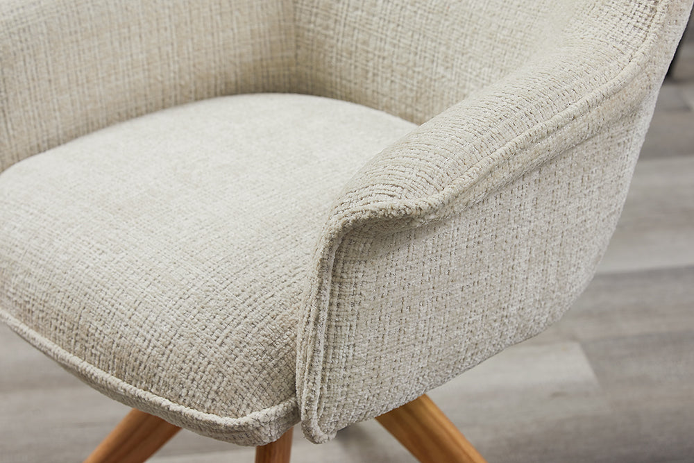 Swivel chair LE GRAND rotatable 180° beige chenille fabric w/ armrests and oak wood legs