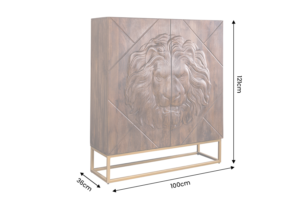Highboard LION 120cm 3D lion front mango wood brown w/ gold metal frame