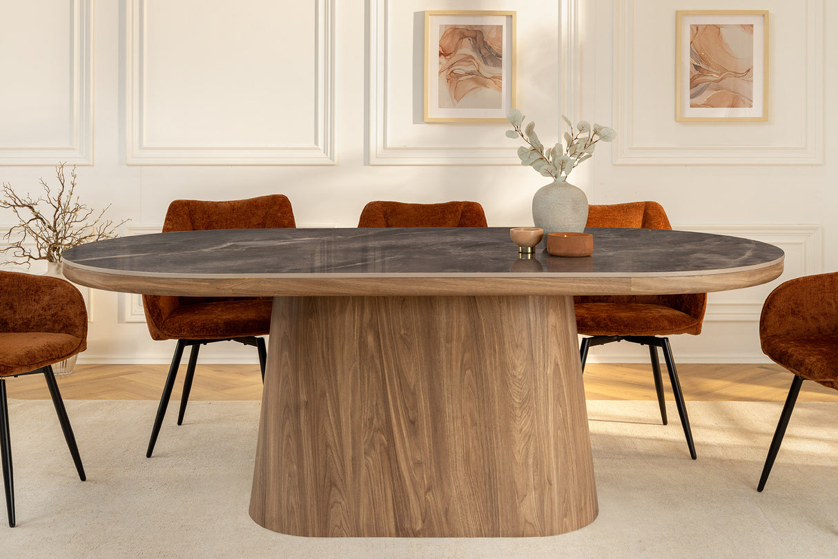 Dining table UNIQUE 200cm oval frame walnut wood verneered ceramic grey marble top