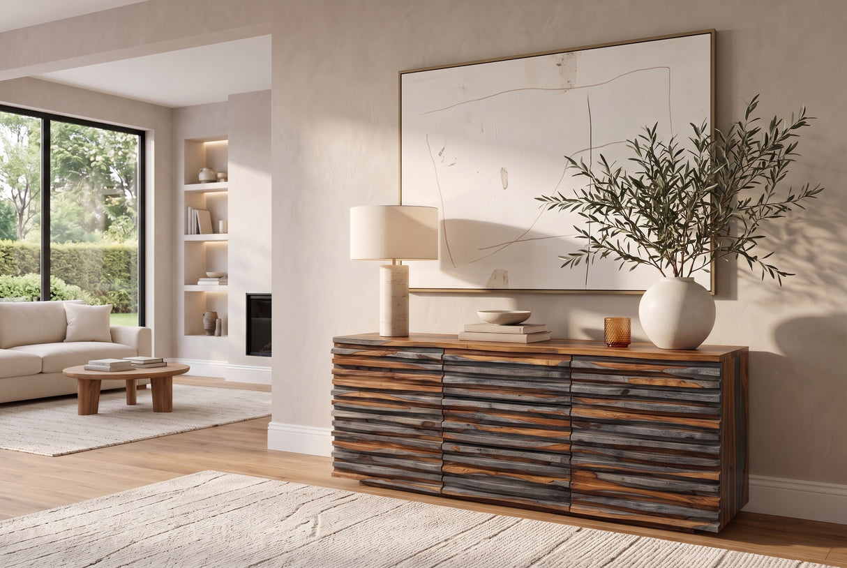 Sideboard RELIEF 160cm sheesham wood smoke finish