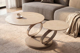 Coffee table DANCING RINGS round rotatable travertine ceramic champagne greige