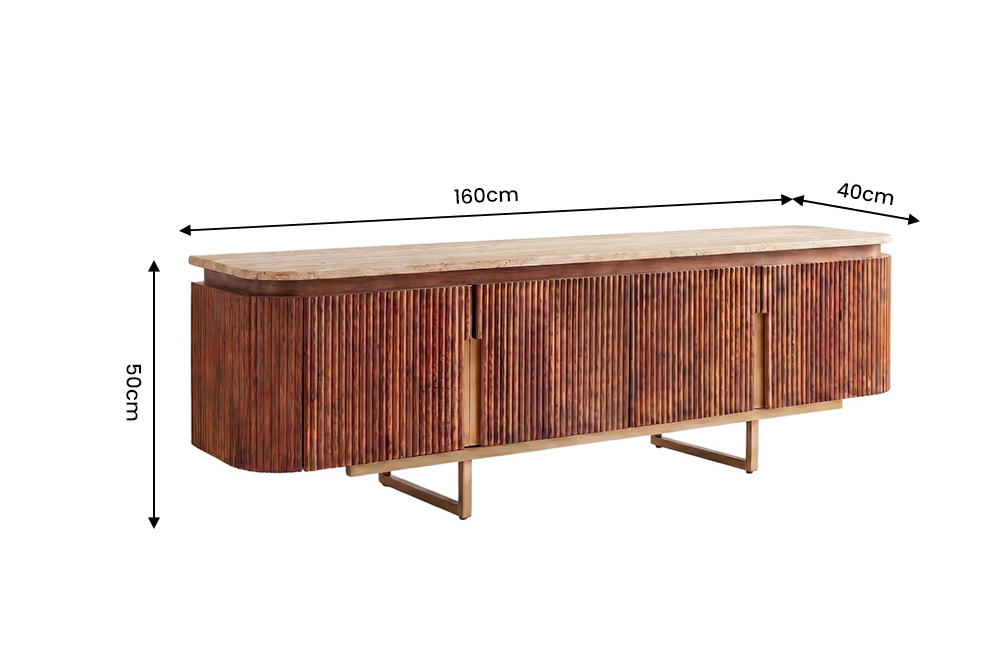 TV-Board GATSBY 160cm Mangoholz braun mit Travertin-Platte geriffelte Front goldfarbenes Metallgestell