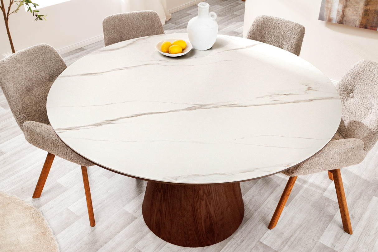 Dining table UNIQUE 120cm round walnut wood verneered ceramic white marble top