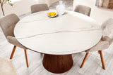 Dining table UNIQUE 120cm round walnut wood verneered ceramic white marble top