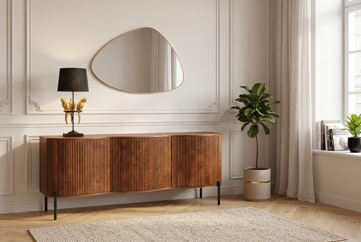 Sideboard GRANDEUR 180cm 3D Retro-Stil Mangoholz braun mit schwarzen Metallbeinen