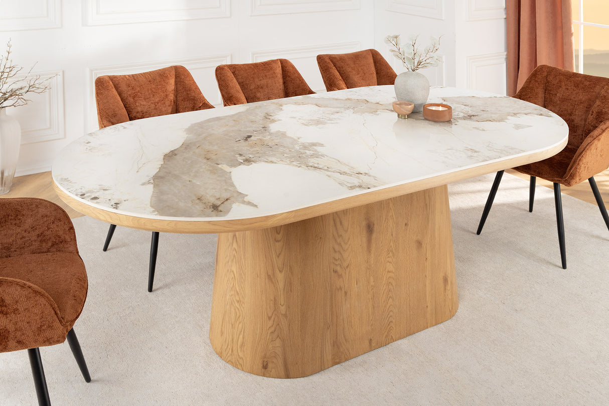 Dining table UNIQUE 200cm oval frame oak wood verneered ceramic white marble top