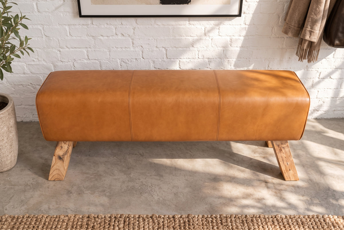 Bench TURNBOCK 120cm mango wood genuine leather cognac brown
