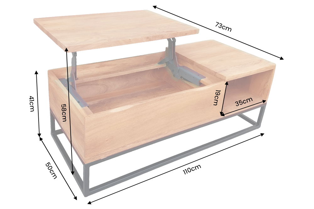 Coffee table MAKASSAR FUNCTION 110cm height adjustable mango wood honey finish w/ storage space
