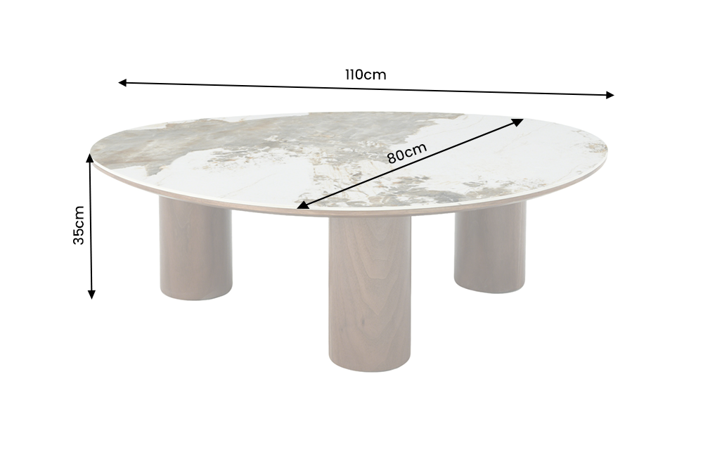 Couchtisch ORGANIKO 110cm weiß-braune Keramikoptik m. Nussbaum-Holzoptik-Gestell