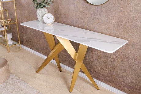 Console ART LIVING 140cm ceramic white marble top w/ champagne golden frame