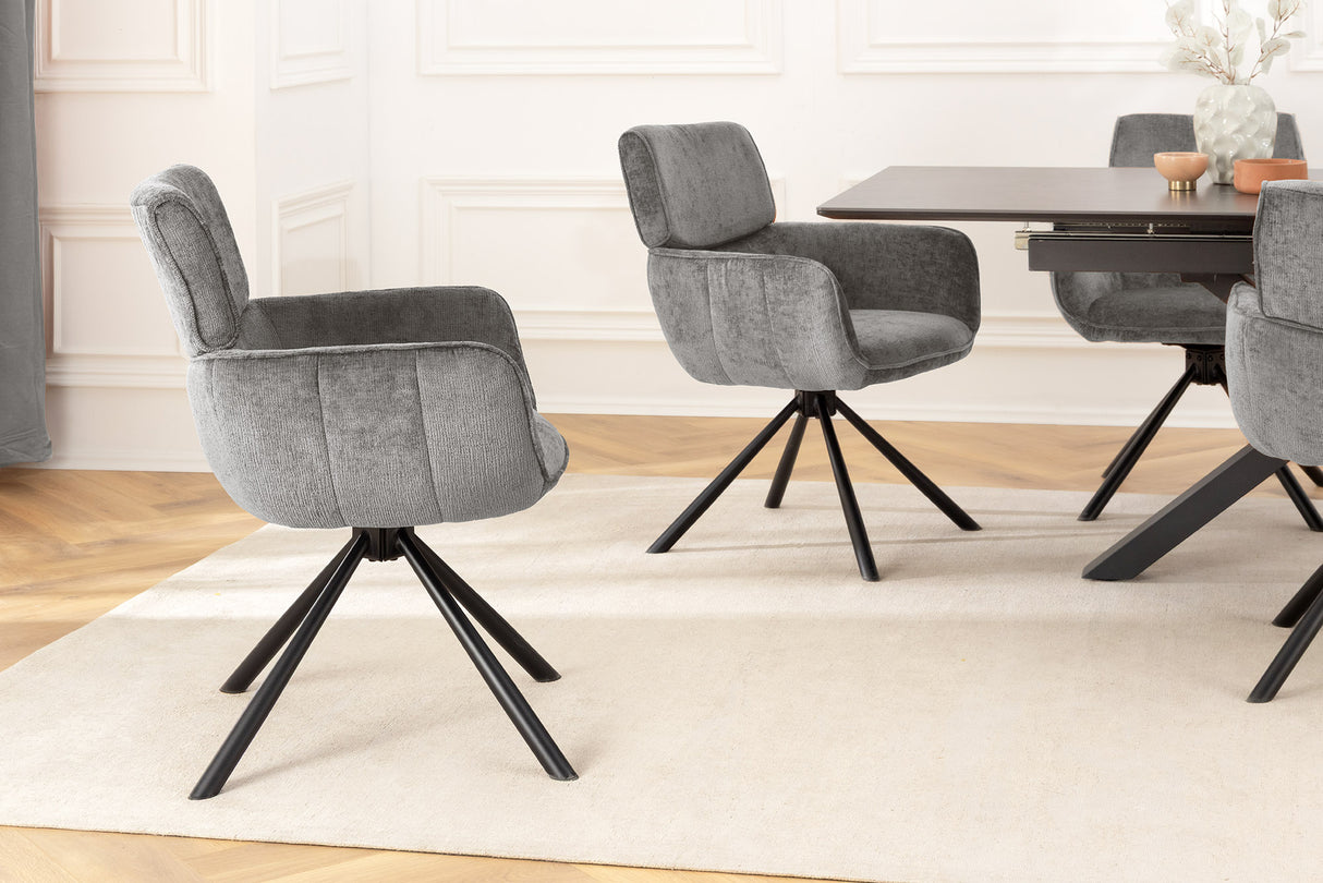 Swivel chair UNIQUE 180° w/ armrests chenille fabric grey and black legs