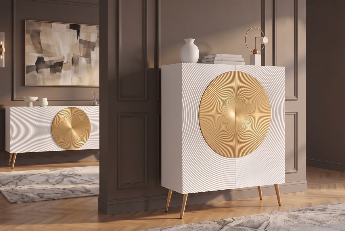 Highboard AURUM 120cm textured front gold circle accent mango wood white gold metal feet