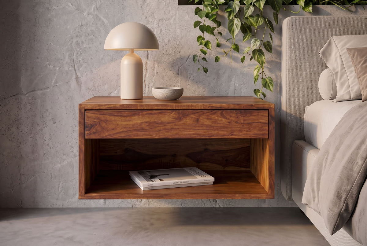 Nachtschrank LAGOS 50cm hängend Sheesham massiv braun Stein-Finish