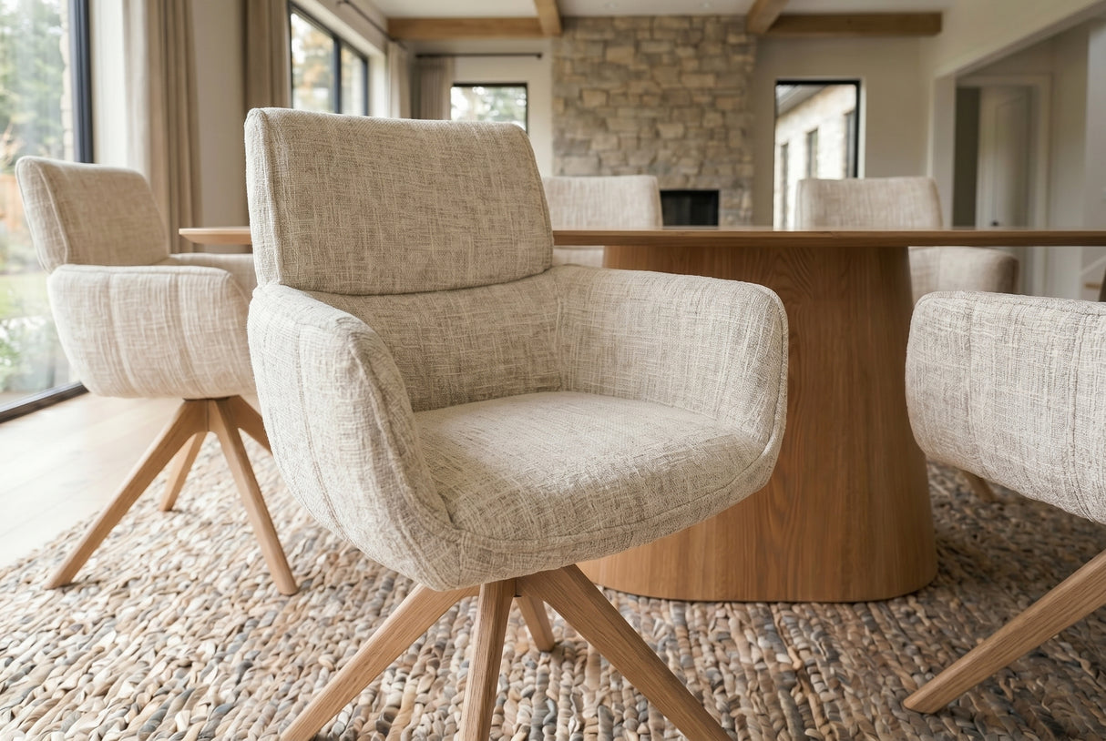 Swivel chair UNIQUE 180° auto-return w/ armrests chenille fabric beige natural