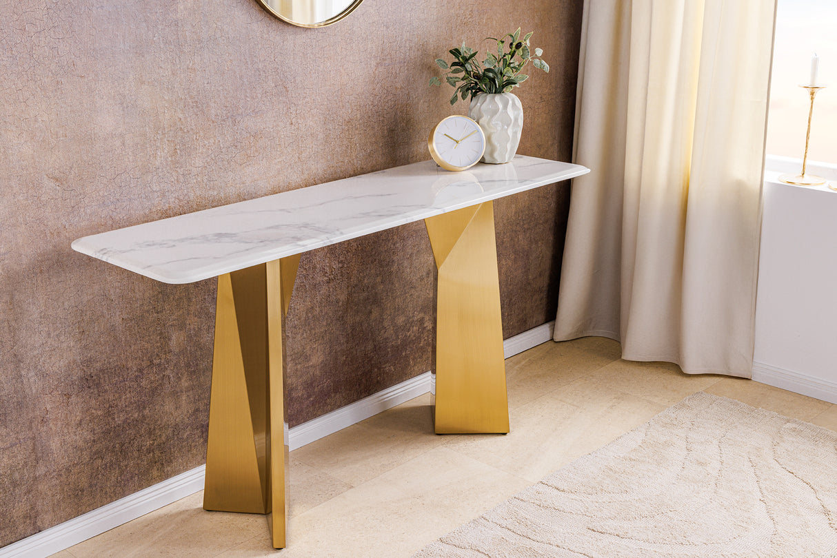 Konsole EXTRAVAGANCIA 140cm mit champagnergoldenen Beinen und weißer Marmorplatte