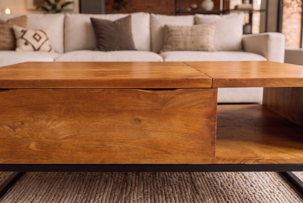 Coffee table MAKASSAR FUNCTION 110cm height adjustable mango wood honey finish w/ storage space