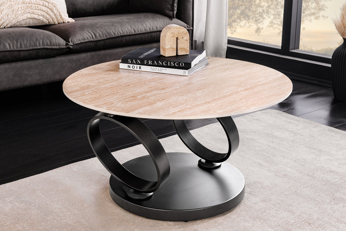 Couchtisch DANCING RINGS 80-135cm drehbare Keramikplatte Naturtravertin und Rostoptik