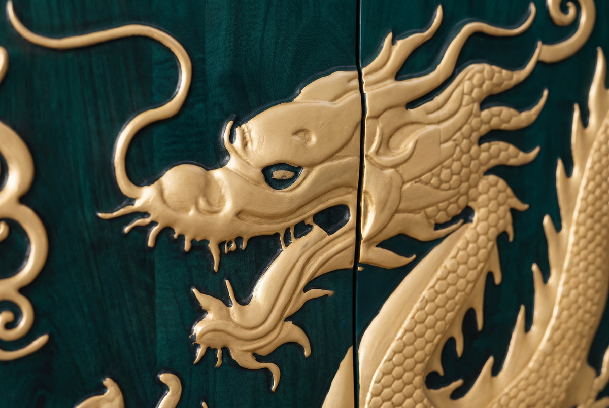 Sideboard DRAGON 180cm 3D dragon front mango wood turquoise w/ gold coloured details