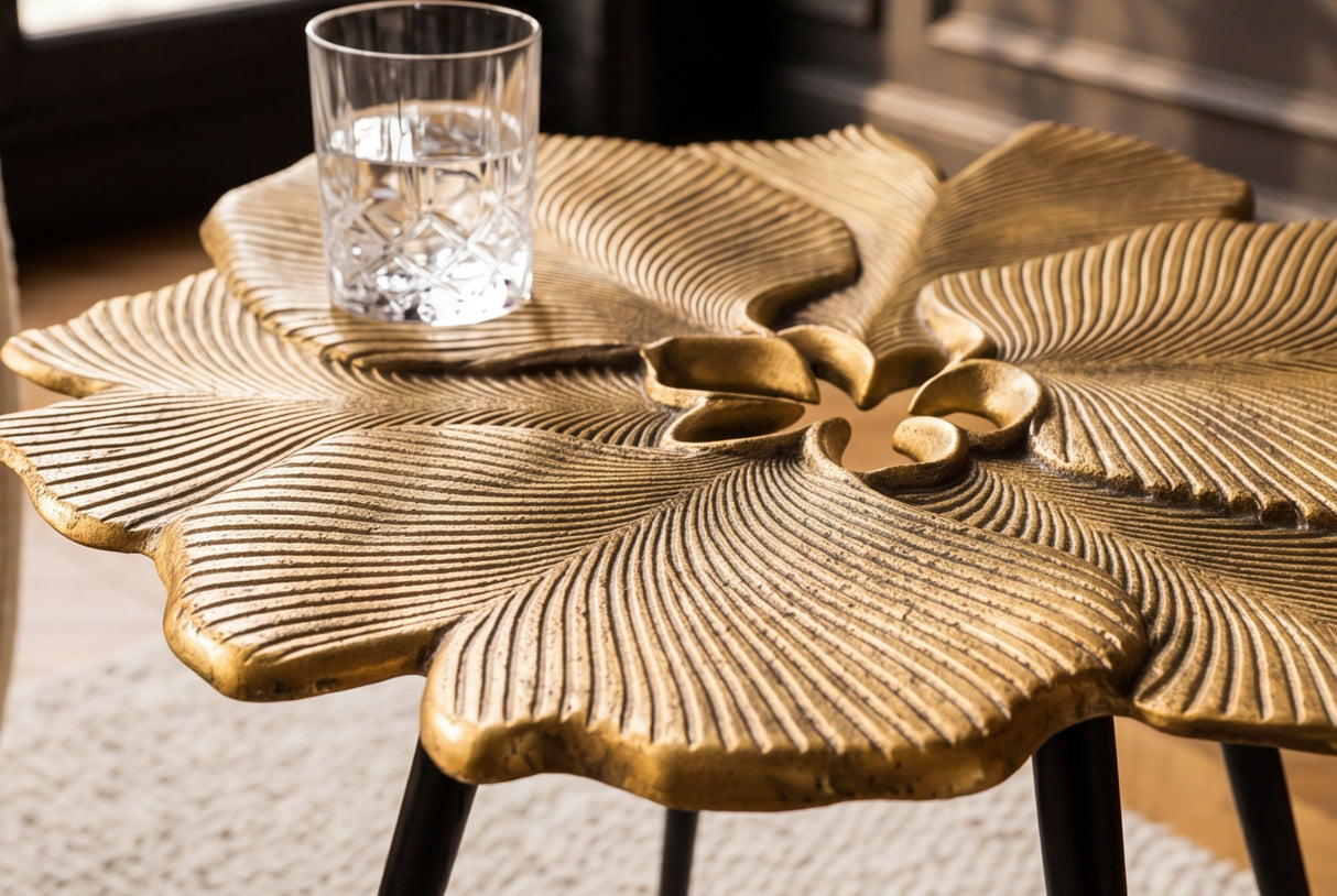 Coffee table GINKGO LEAVES 55cm gold with black legs