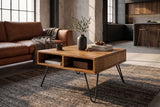 Couchtisch SCORPION 60 cm mit Stauraum und Hairpin-Beinen Mangoholz honigfarbenes Finish