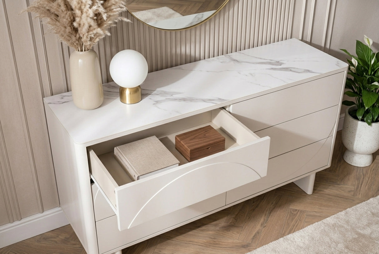 Sideboard SAVOY 150 cm 3D weiß mit weißer Marmorkeramikplatte