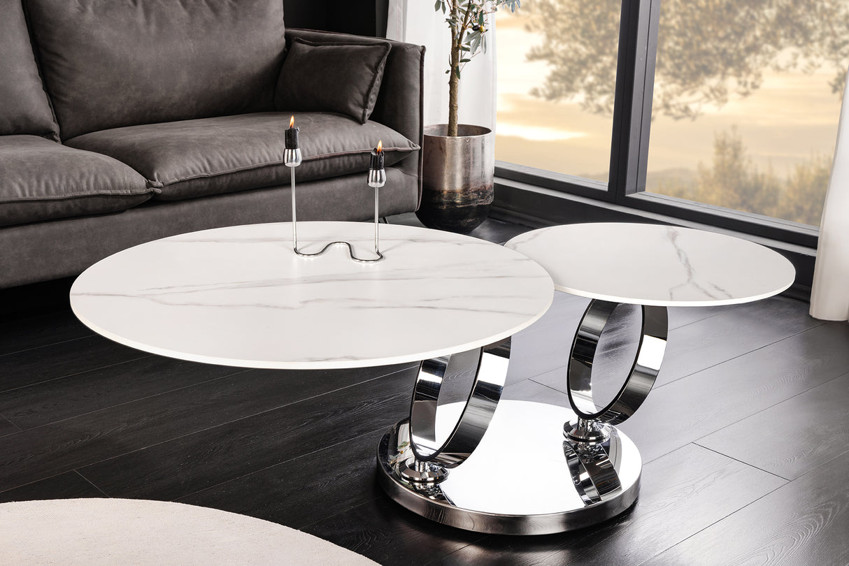Coffee table DANCING RINGS 80-135cm rotatable w/ chrome rack and ceramic top white marble
