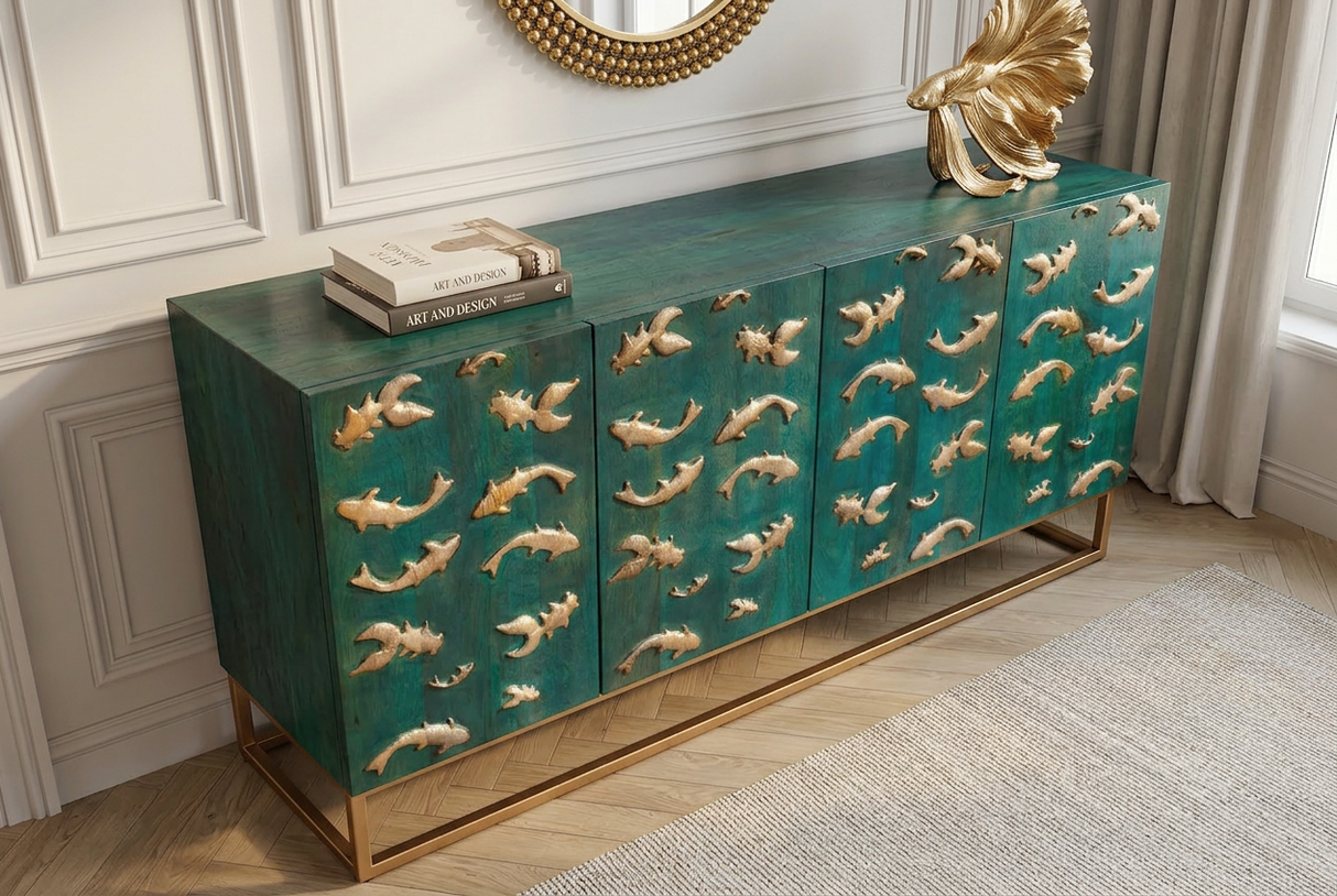 Sideboard GOLDEN LAGOON 180cm 3D Mangoholz Türkis Metall Gold